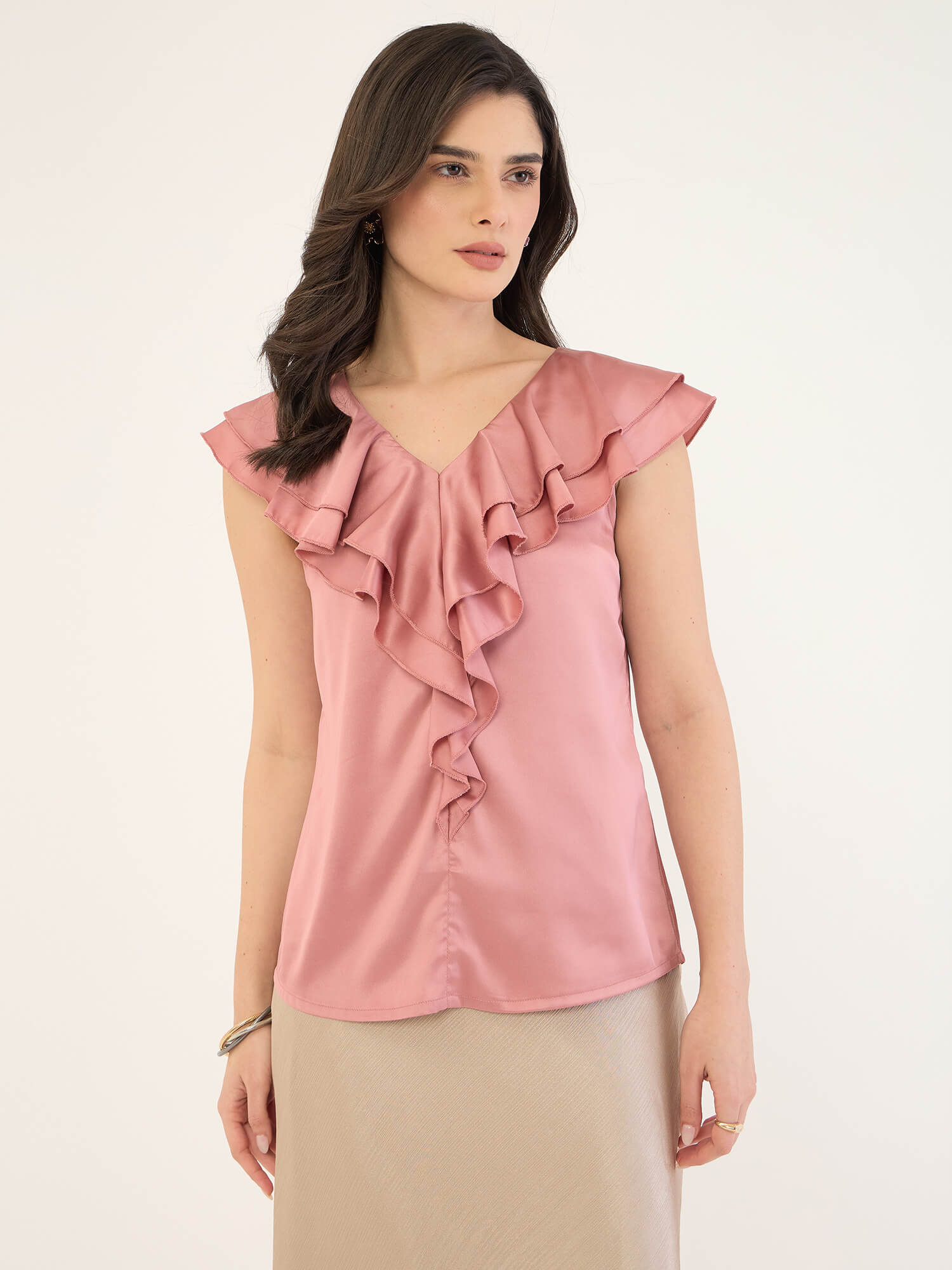 Zarie Double Ruffle Neck Top-Pink