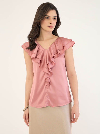Zarie Double Ruffle Neck Top-Pink