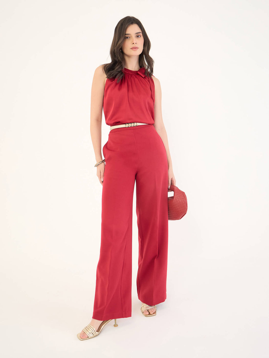 Glimmer Halter Neck Tie-Up Top-Red