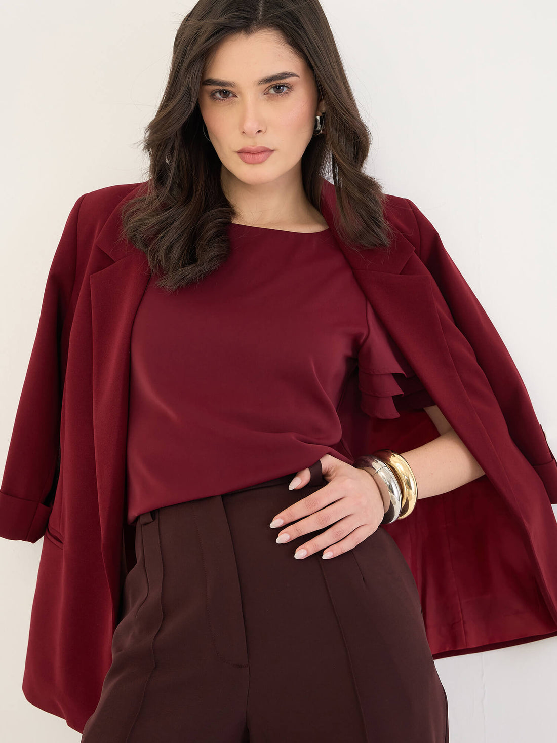 Tyra Ruffle Sleeve Top-Wine