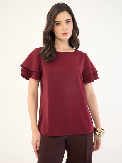 Tyra Ruffle Sleeve Top-Wine