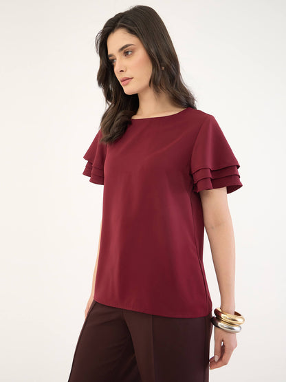Tyra Ruffle Sleeve Top-Wine