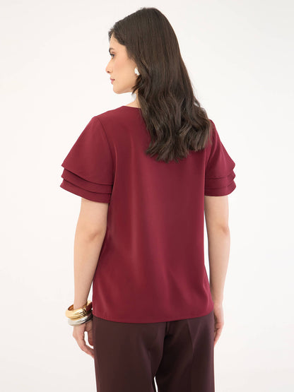 Tyra Ruffle Sleeve Top-Wine