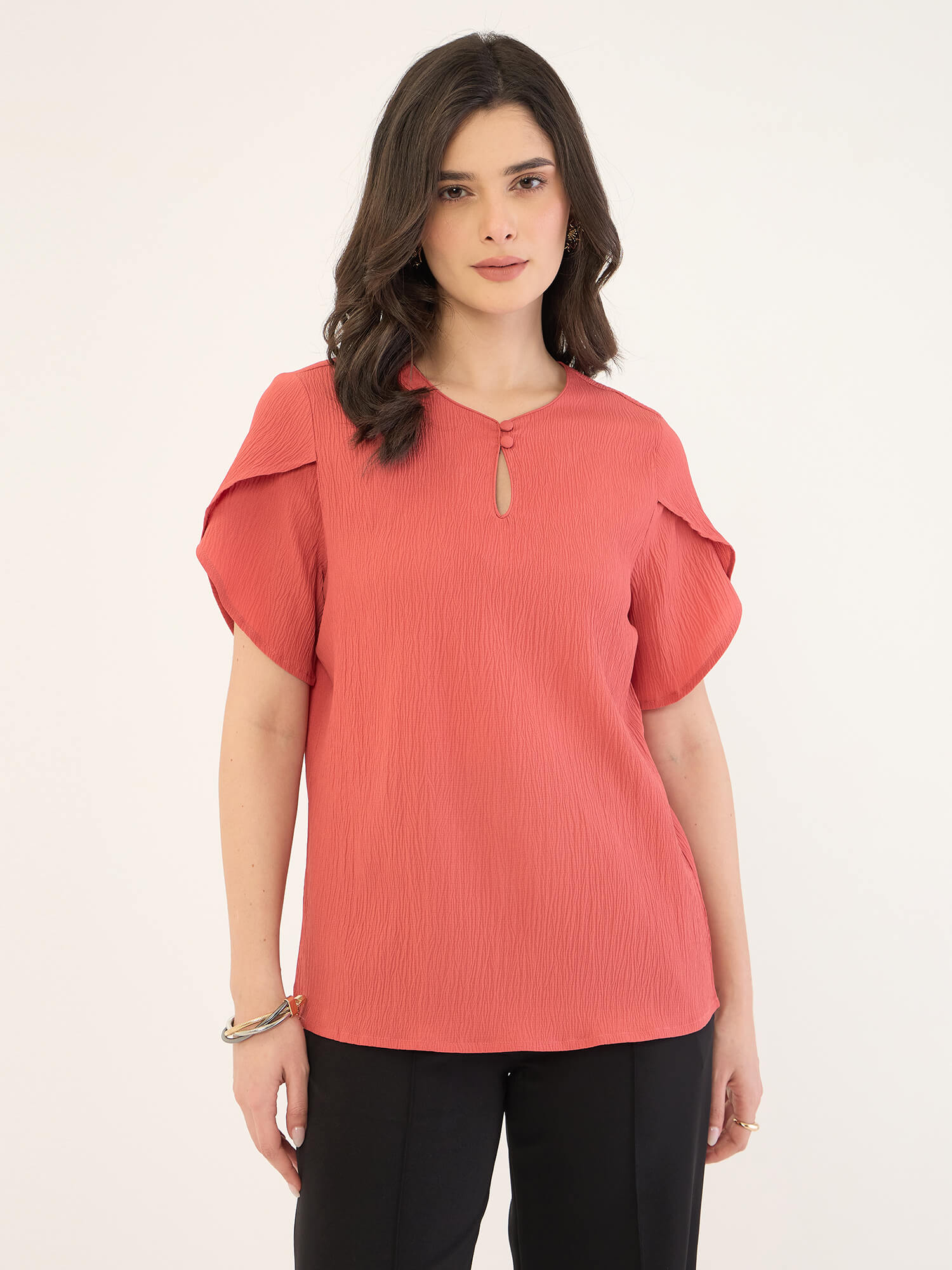 Tiffany Mimosa Petal Sleeves Top-Dark Peach
