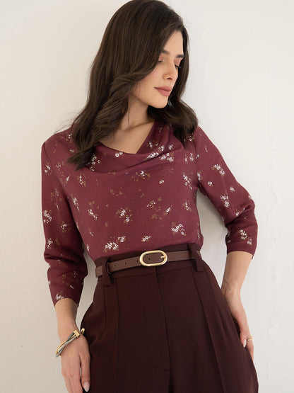 Emmy Printed Cowl Neck Top-Maroon