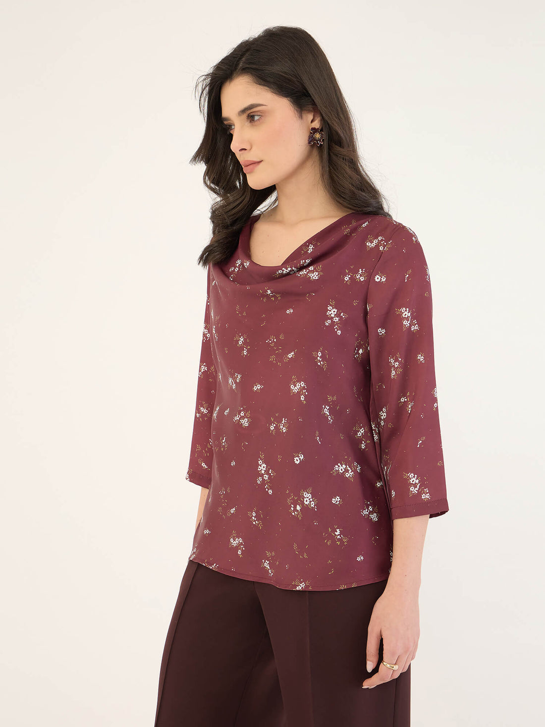 Emmy Printed Cowl Neck Top-Maroon