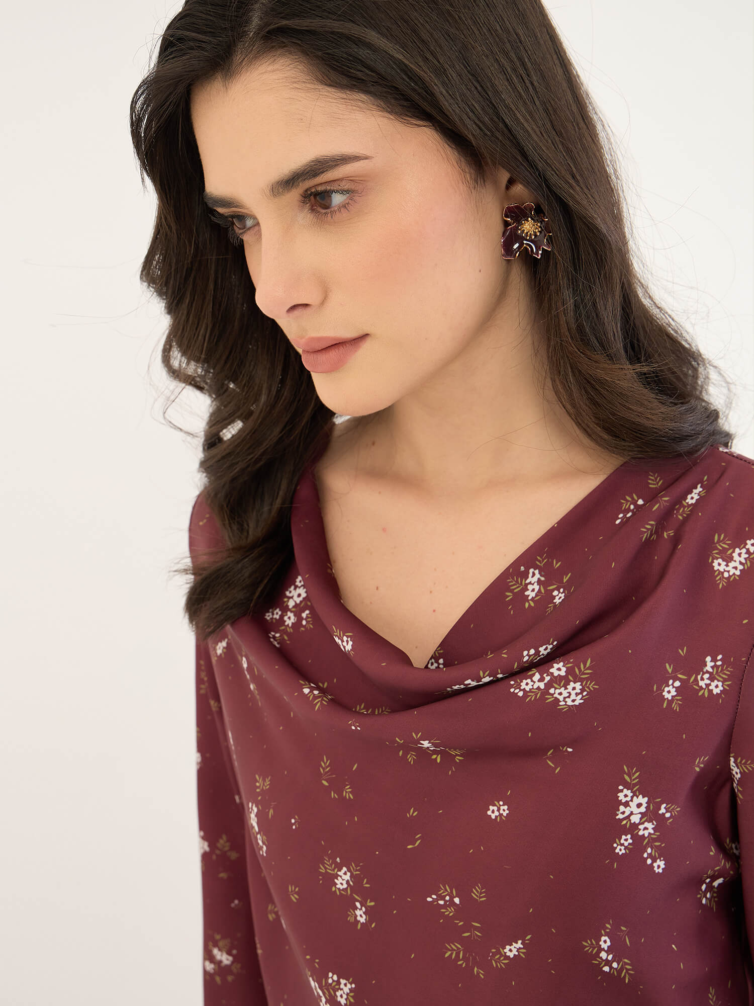Emmy Printed Cowl Neck Top-Maroon