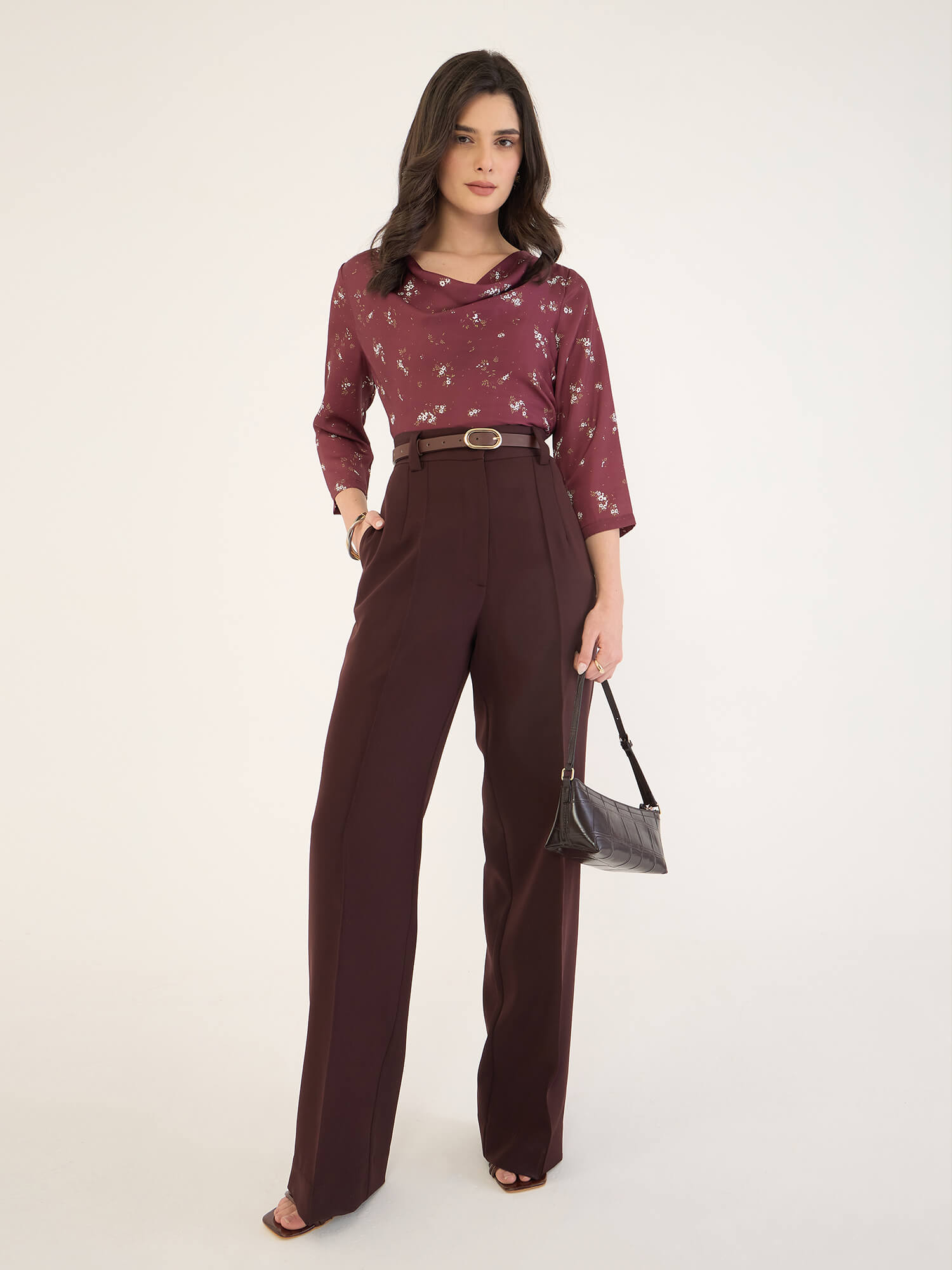 Emmy Printed Cowl Neck Top-Maroon