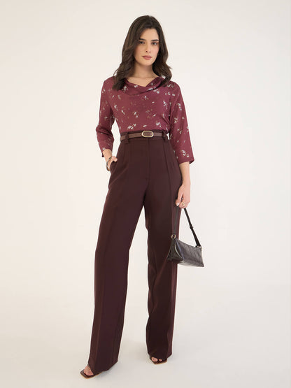 Emmy Printed Cowl Neck Top-Maroon