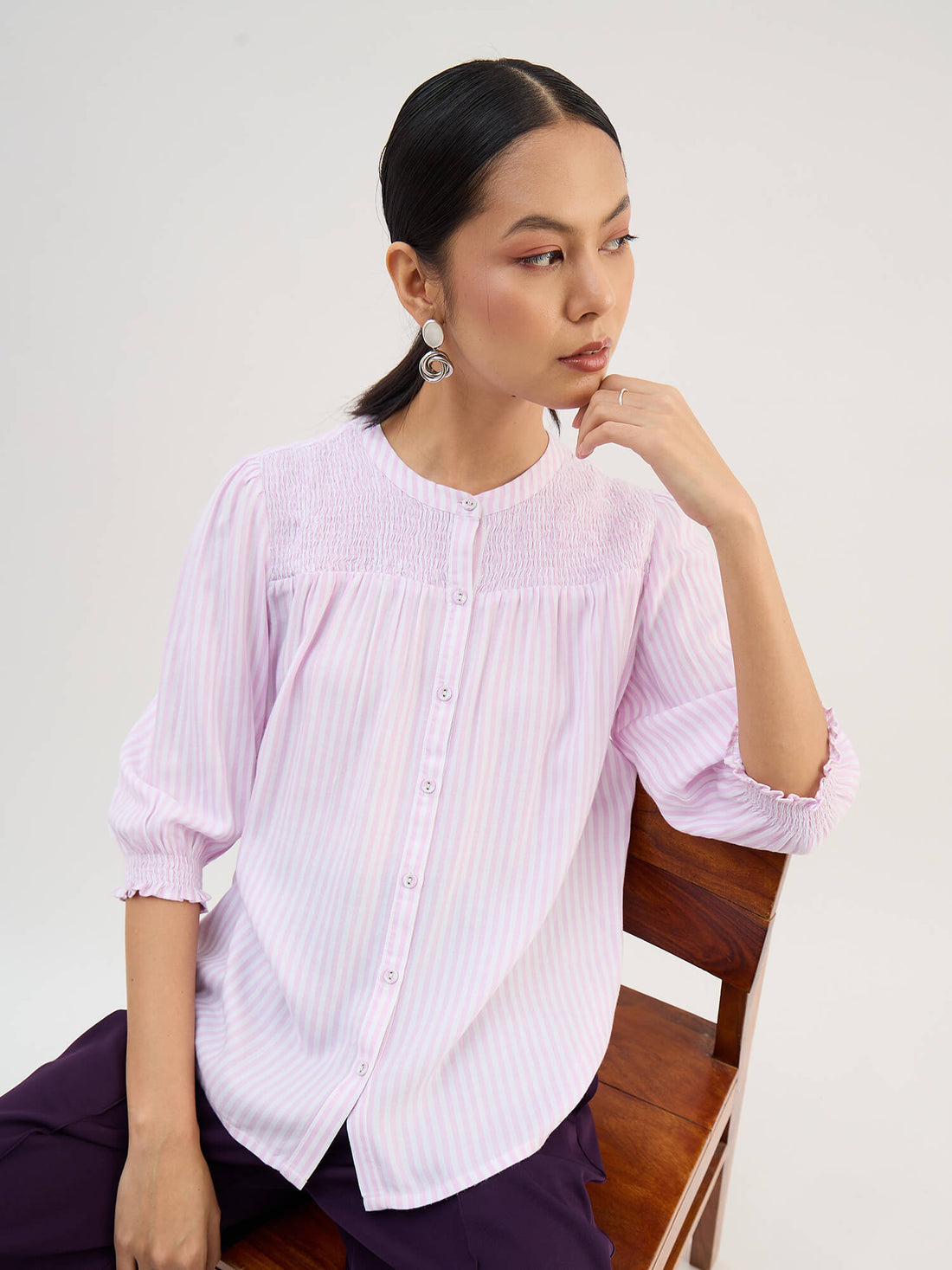 Omira Smocking Detail Top-Pink &amp; White