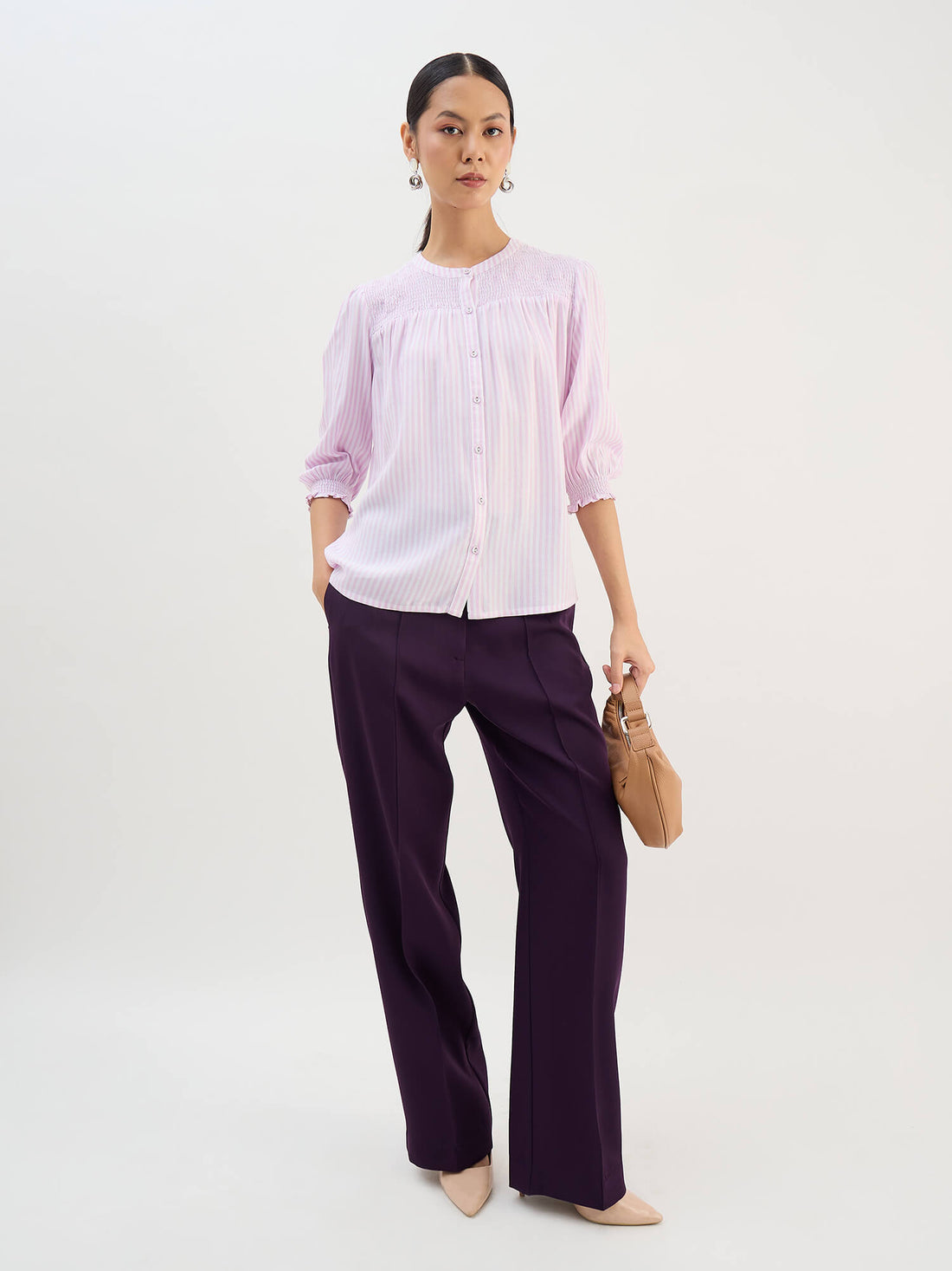 Omira Smocking Detail Top-Pink &amp; White