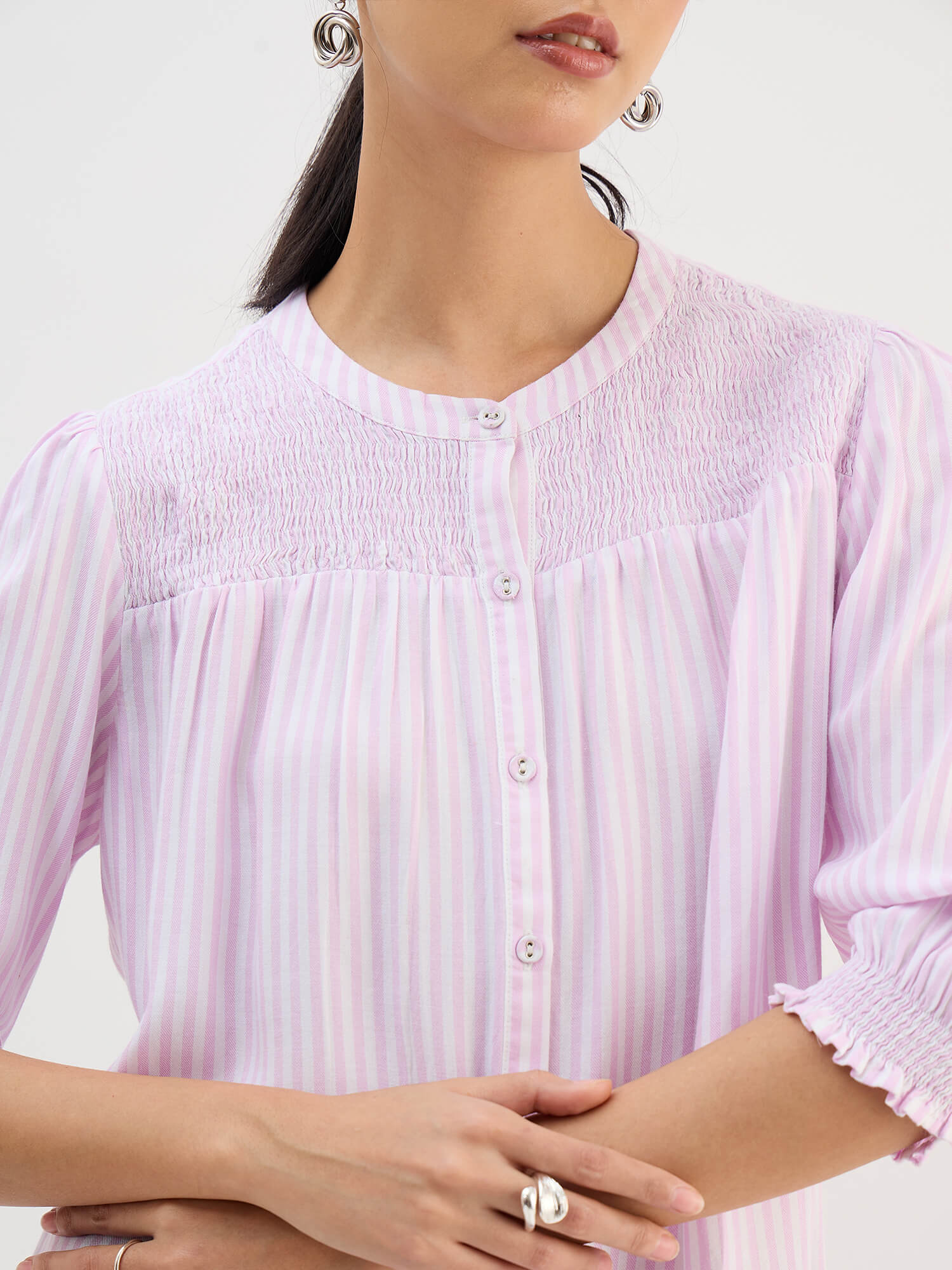 Omira Smocking Detail Top-Pink &amp; White