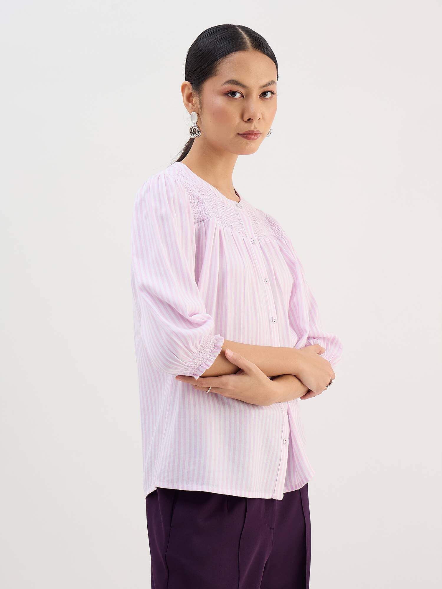 Omira Smocking Detail Top-Pink &amp; White