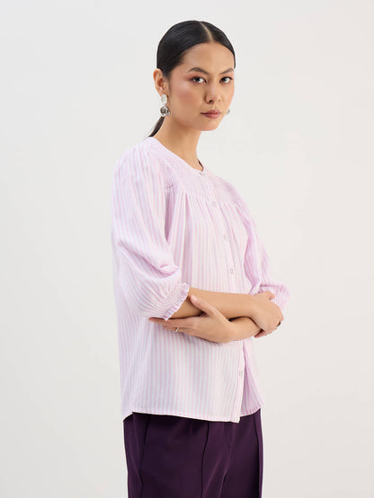 Omira Smocking Detail Top-Pink &amp; White