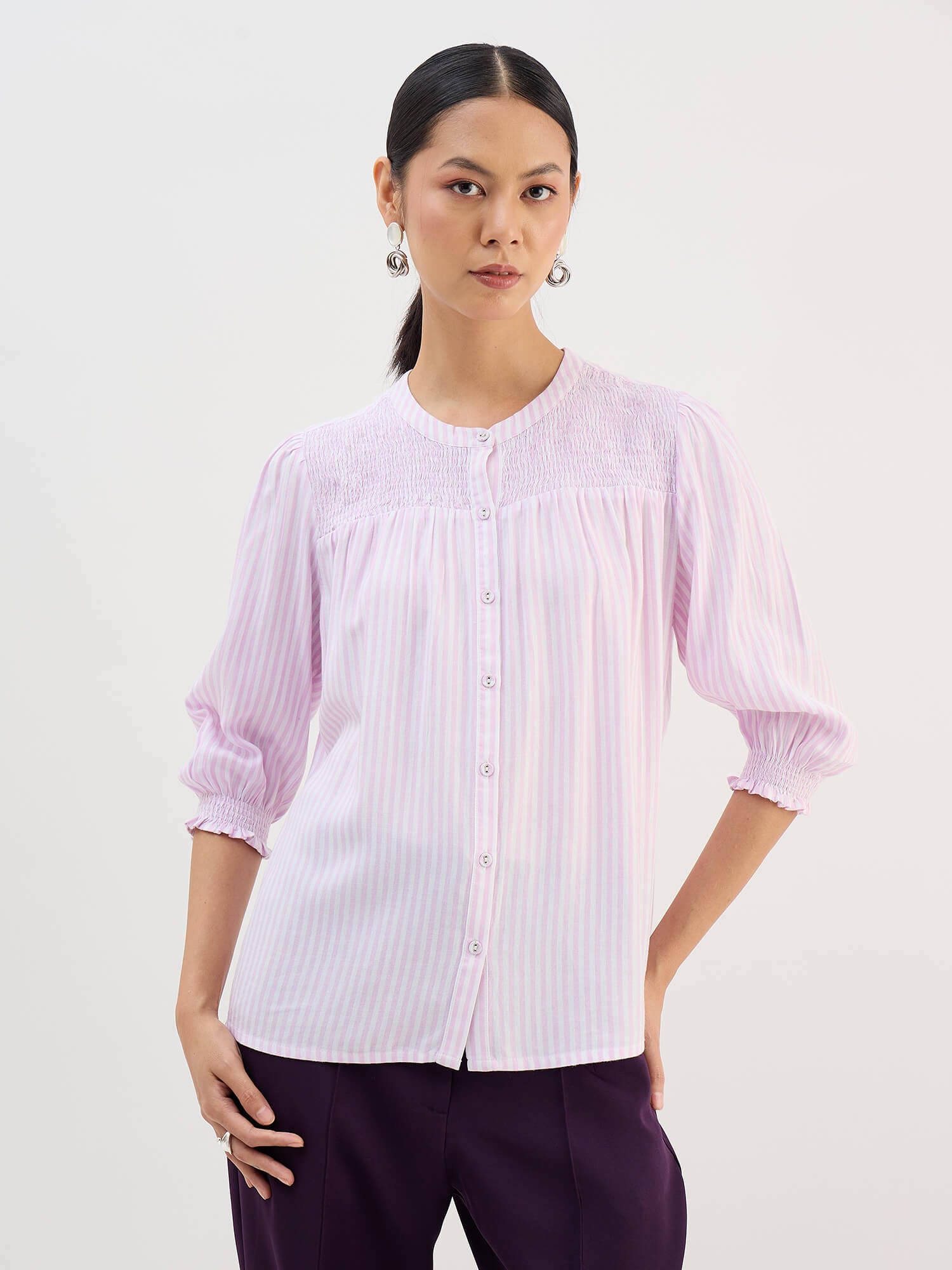 Omira Smocking Detail Top-Pink &amp; White