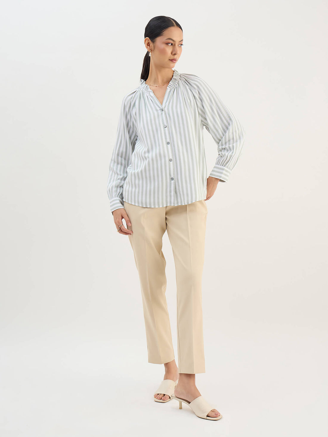 Ambril Relaxed Fit Buttondown Top-Green&amp;White