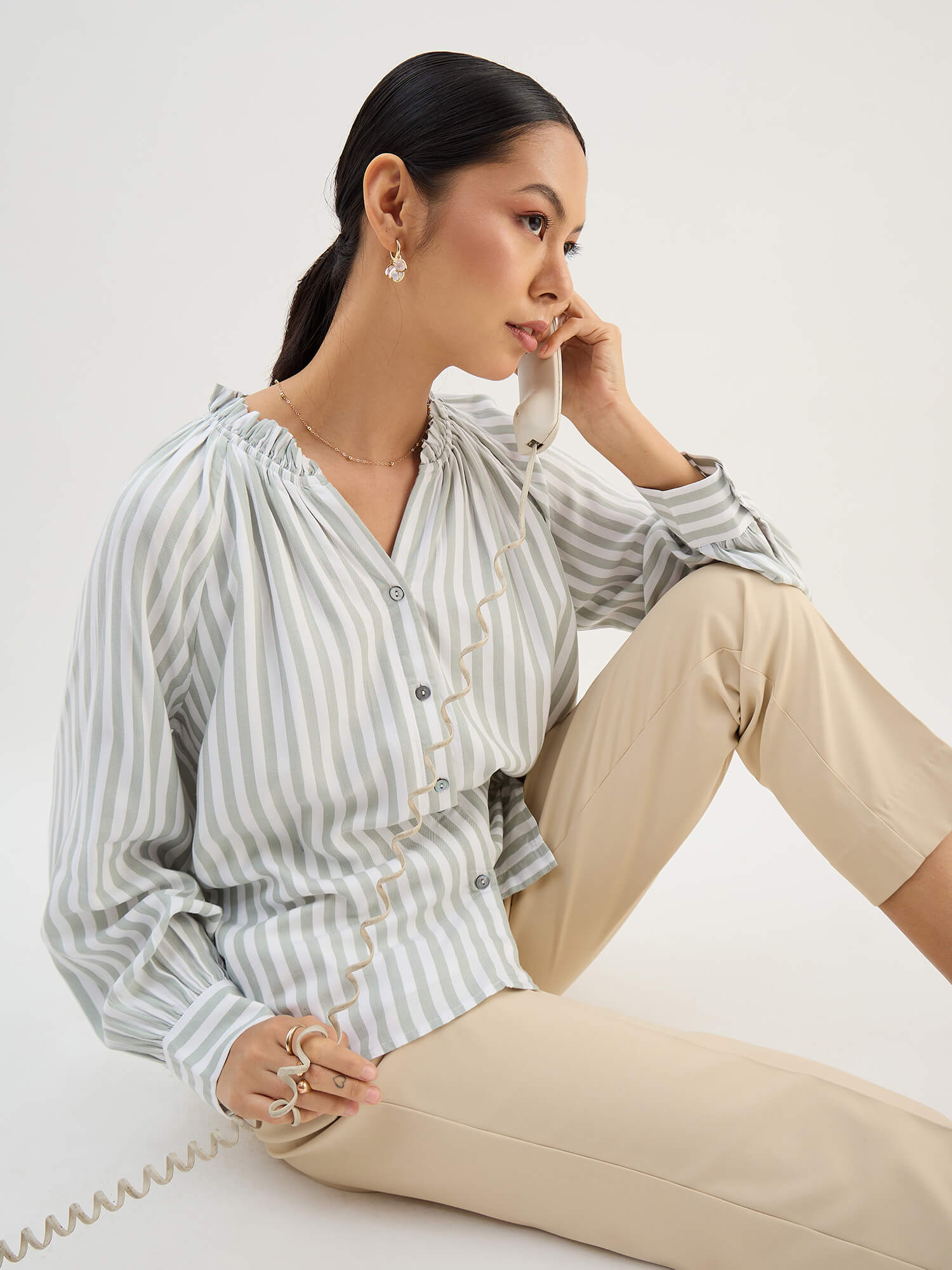 Ambril Relaxed Fit Buttondown Top-Green&amp;White