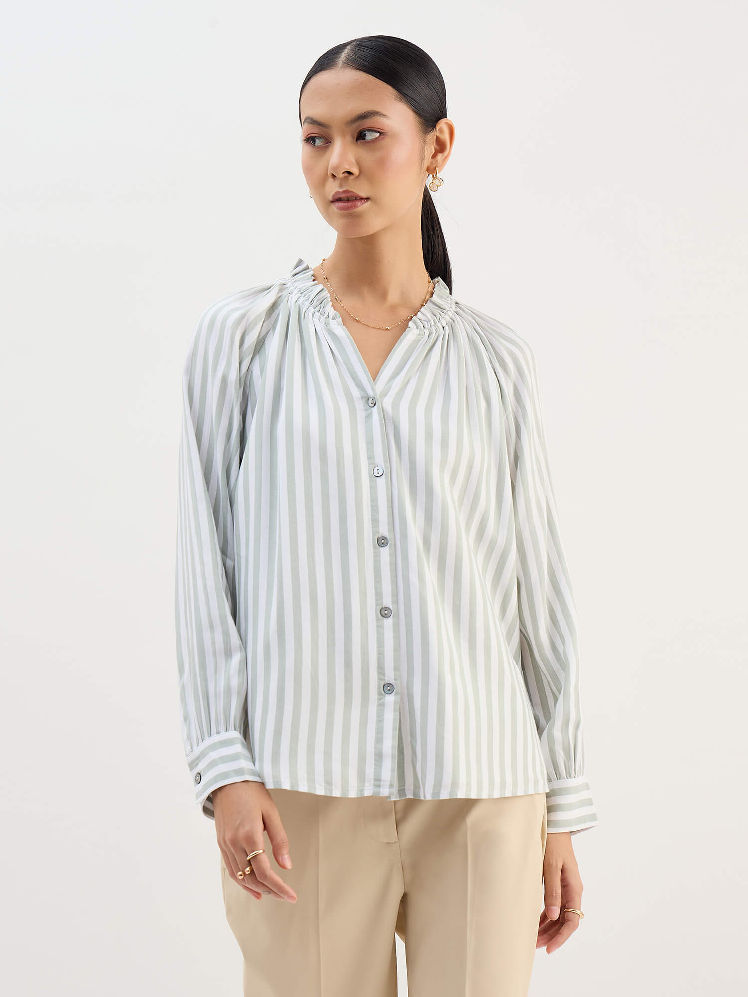 Ambril Relaxed Fit Buttondown Top-Green&amp;White