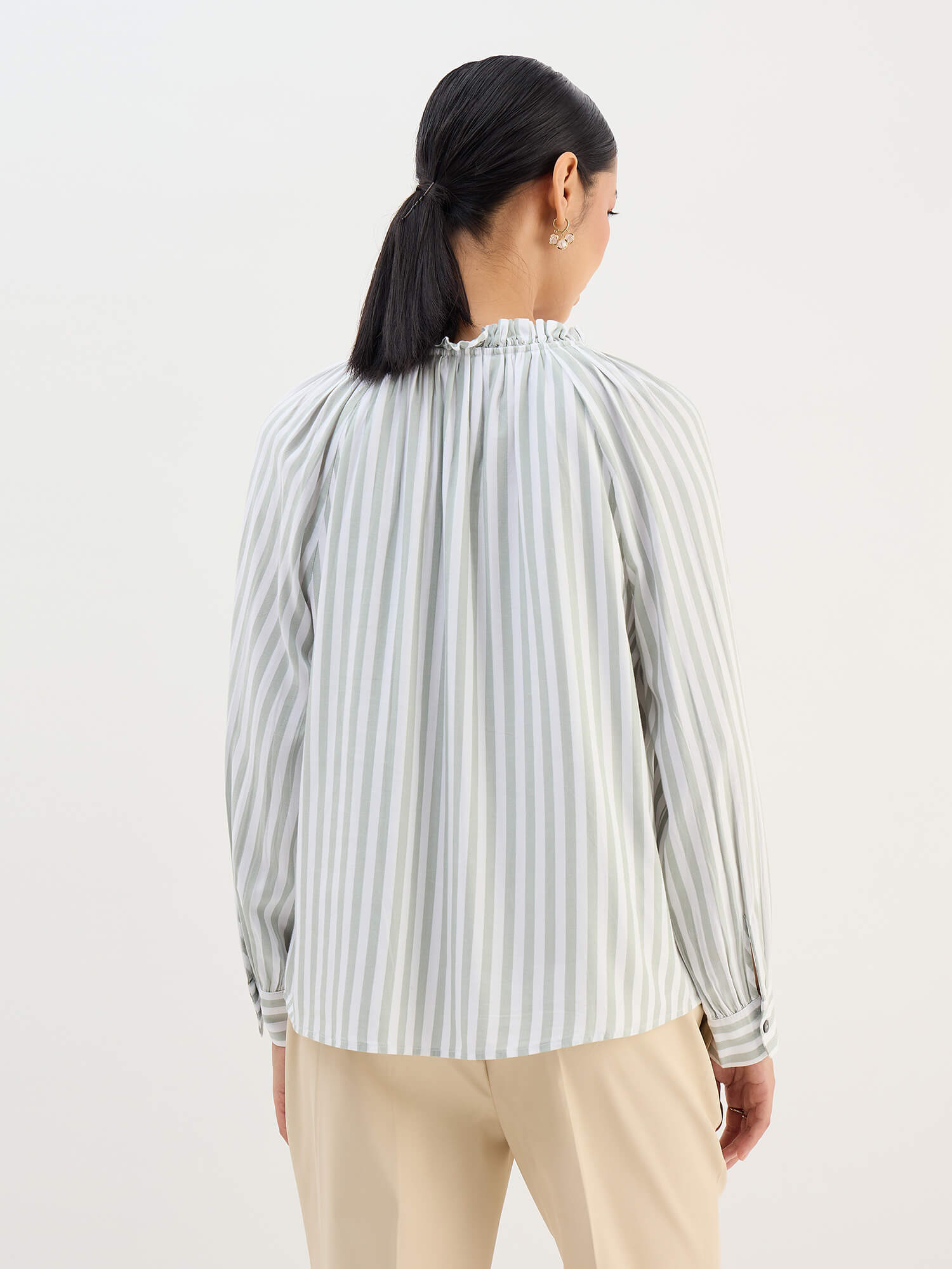 Ambril Relaxed Fit Buttondown Top-Green&amp;White
