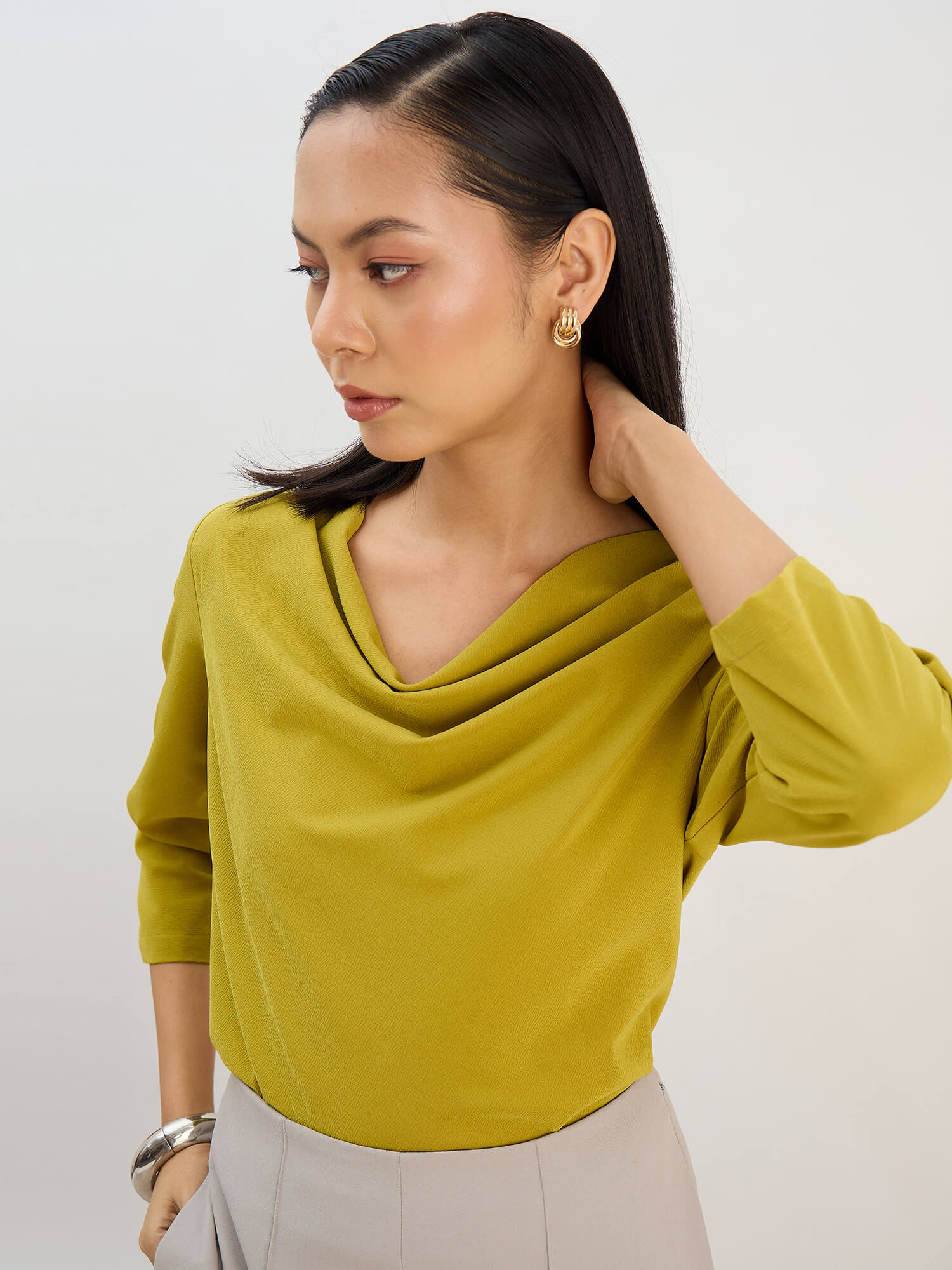 Intuition Cowl Neck Top -Chartreuse