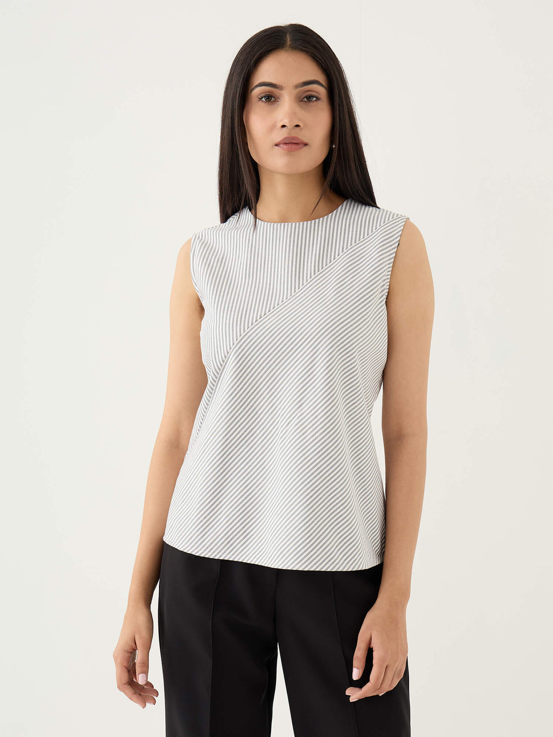 Noa Striped Sleeveless Top With Diagonal Panel-White&amp;Grey