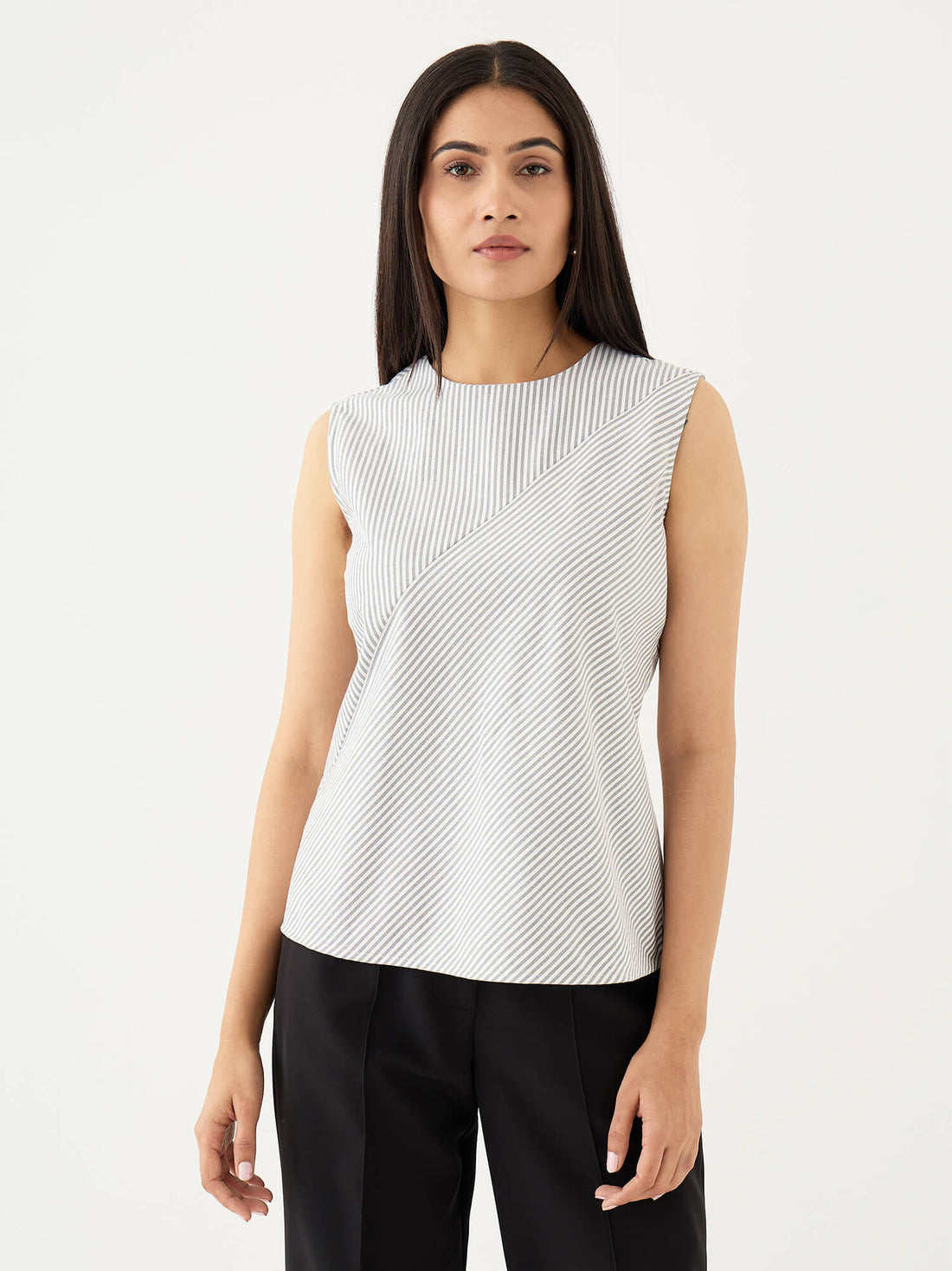 Noa Striped Sleeveless Top With Diagonal Panel-White&amp;Grey