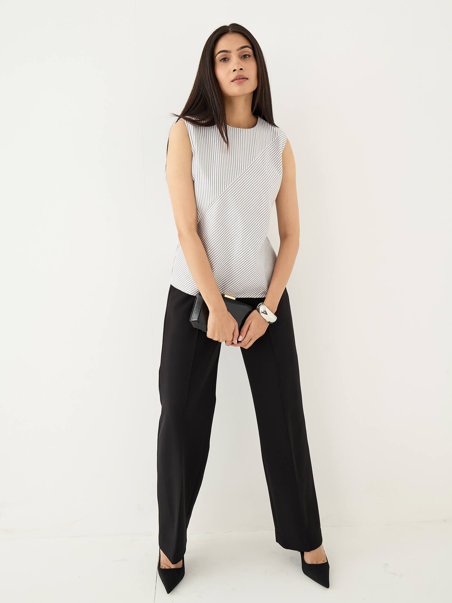 Noa Striped Sleeveless Top With Diagonal Panel-White&amp;Grey