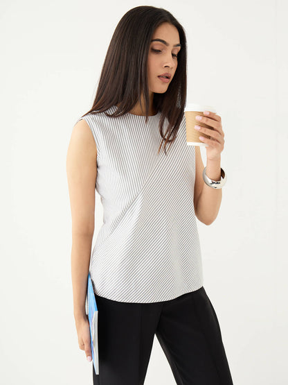 Noa Striped Sleeveless Top With Diagonal Panel-White&amp;Grey