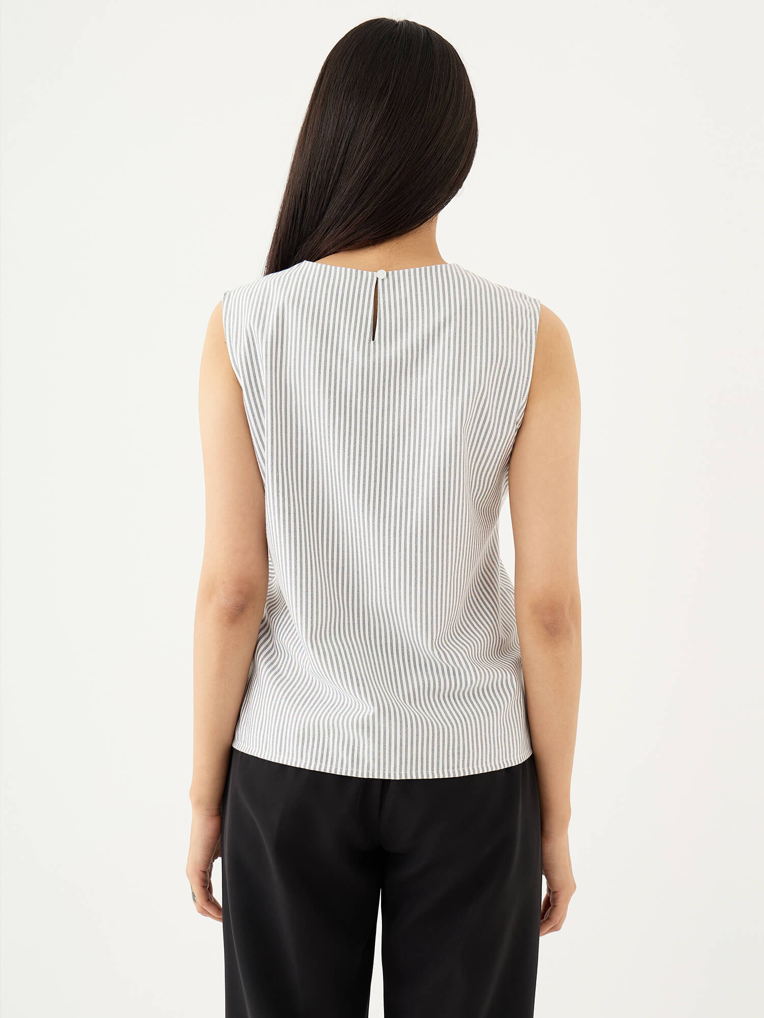 Noa Striped Sleeveless Top With Diagonal Panel-White&amp;Grey
