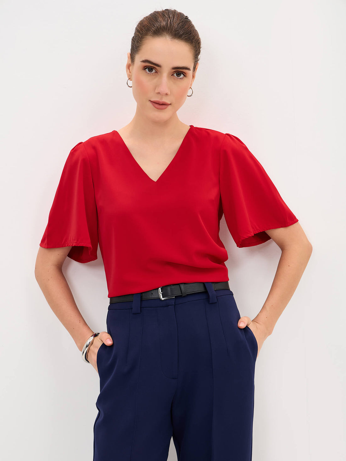 Siren V-Neck Flutter Sleeve Top-Red