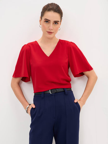 Siren V-Neck Flutter Sleeve Top-Red