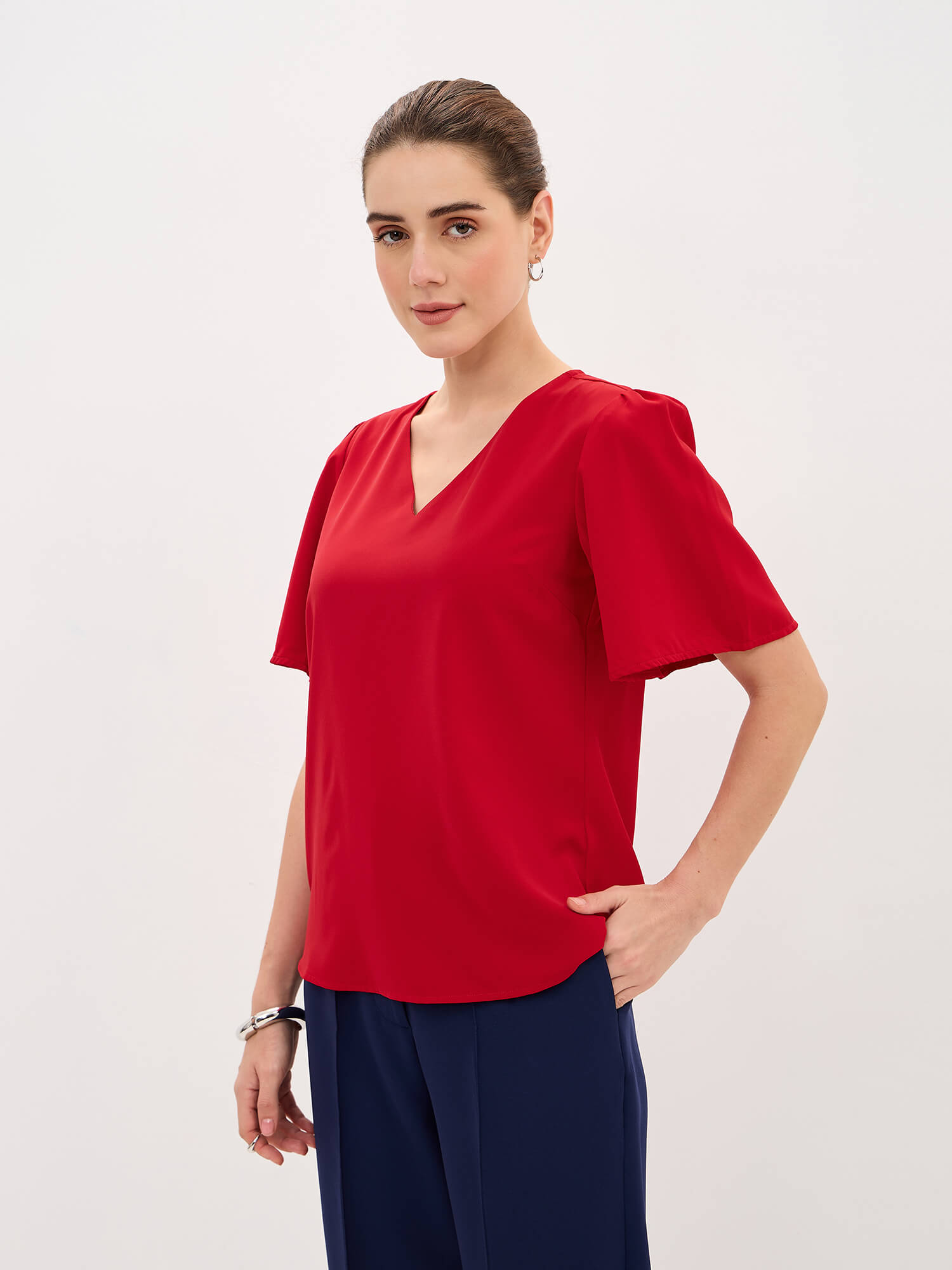 Siren V-Neck Flutter Sleeve Top-Red