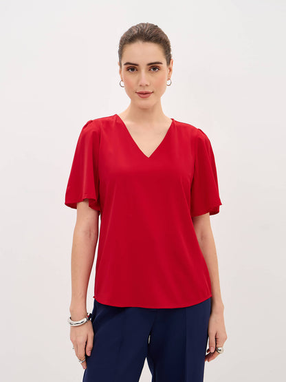 Siren V-Neck Flutter Sleeve Top-Red