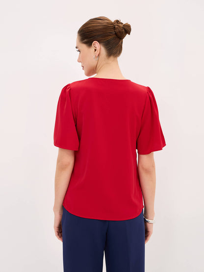 Siren V-Neck Flutter Sleeve Top-Red