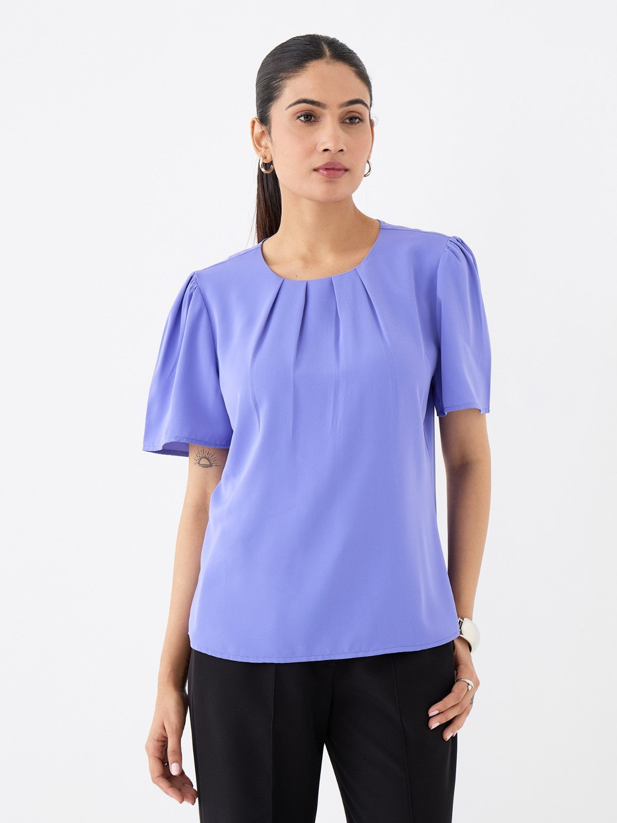 Medley Pleated Neck Top-English Blue