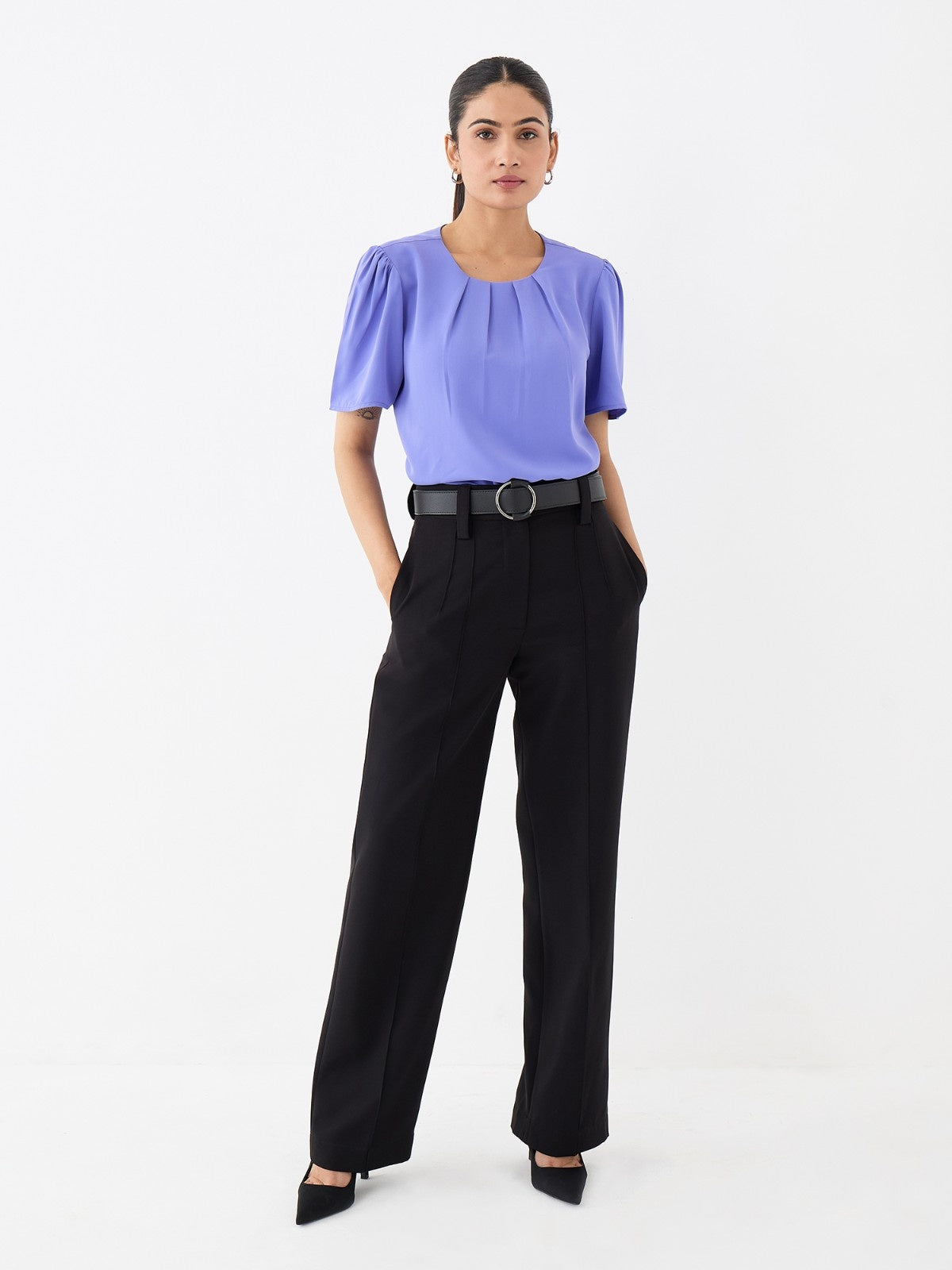 Medley Pleated Neck Top-English Blue