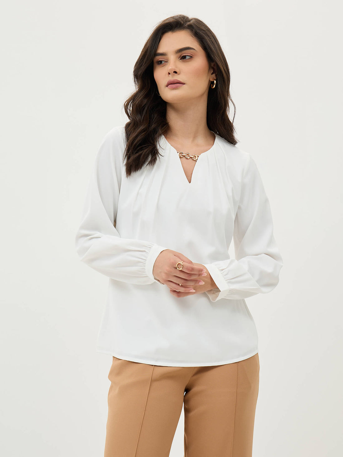 Leora Pleated Neck Detail With Chain Trim-White