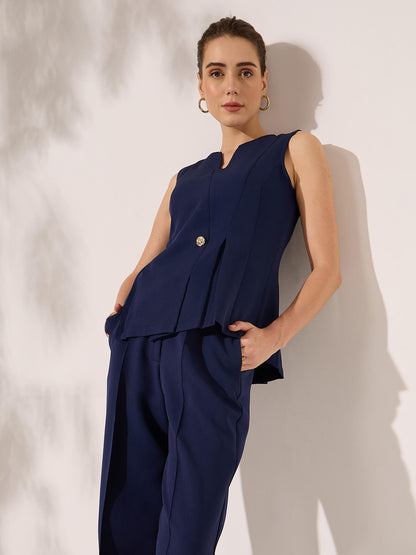 Rivah Sleeveless Top with Inverted Box Pleat-Navy