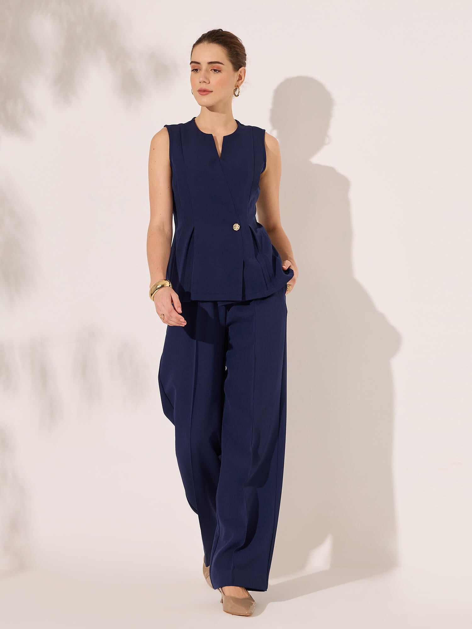 Rivah Sleeveless Top with Inverted Box Pleat-Navy