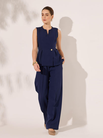 Rivah Sleeveless Top with Inverted Box Pleat-Navy