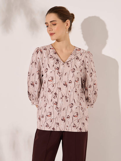 Martha Puffed Sleeves Top-Beige&amp;Brown