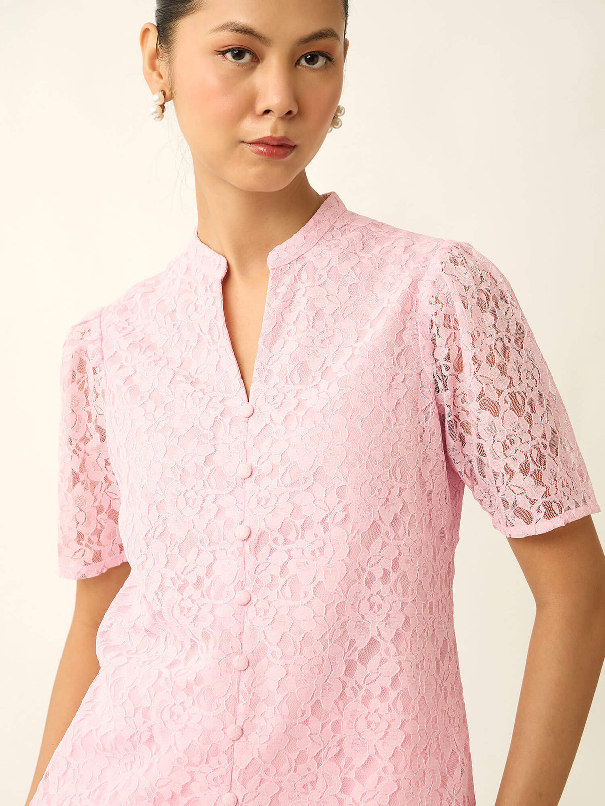 Ismeria V-Neck Placket Lace Top-Pink