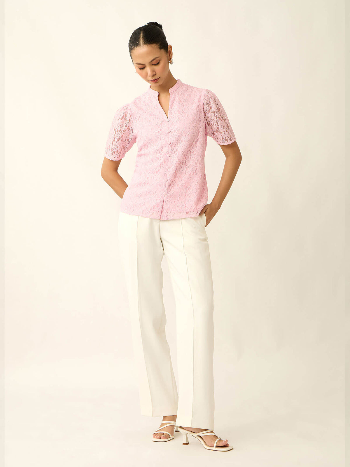 Ismeria V-Neck Placket Lace Top-Pink