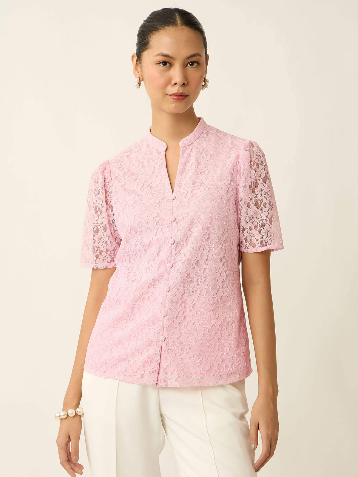 Ismeria V-Neck Placket Lace Top-Pink