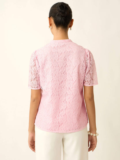 Ismeria V-Neck Placket Lace Top-Pink