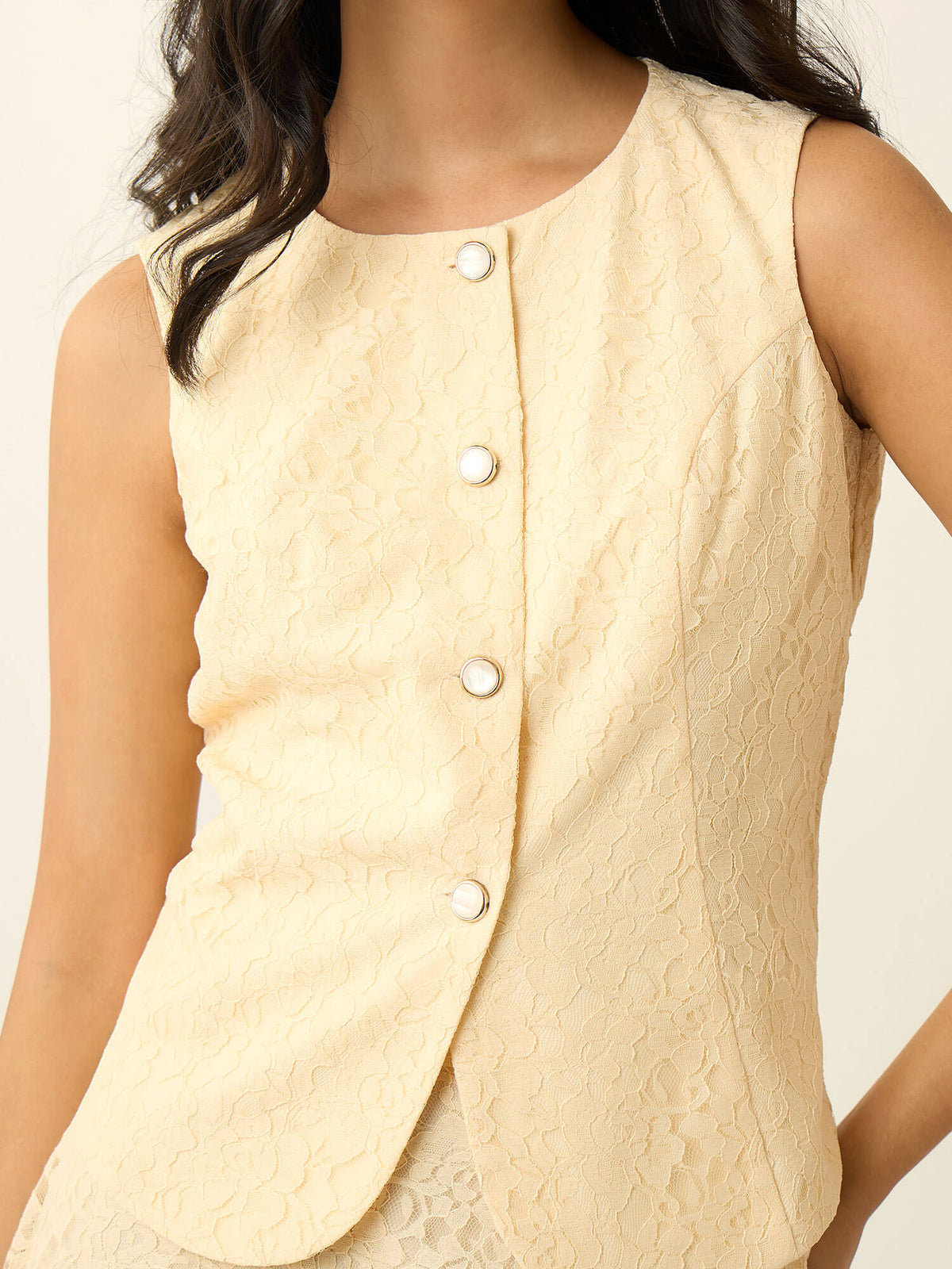Samira Lace Waistcoat Style Top-Butter Yellow