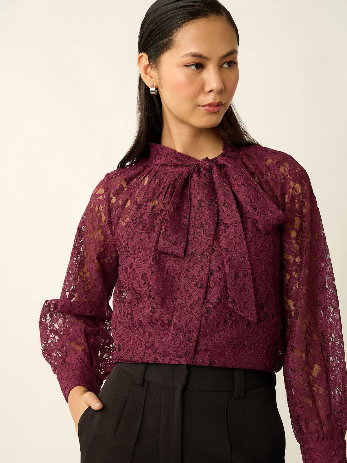 Evania Tie-Up Lace Top-Wine