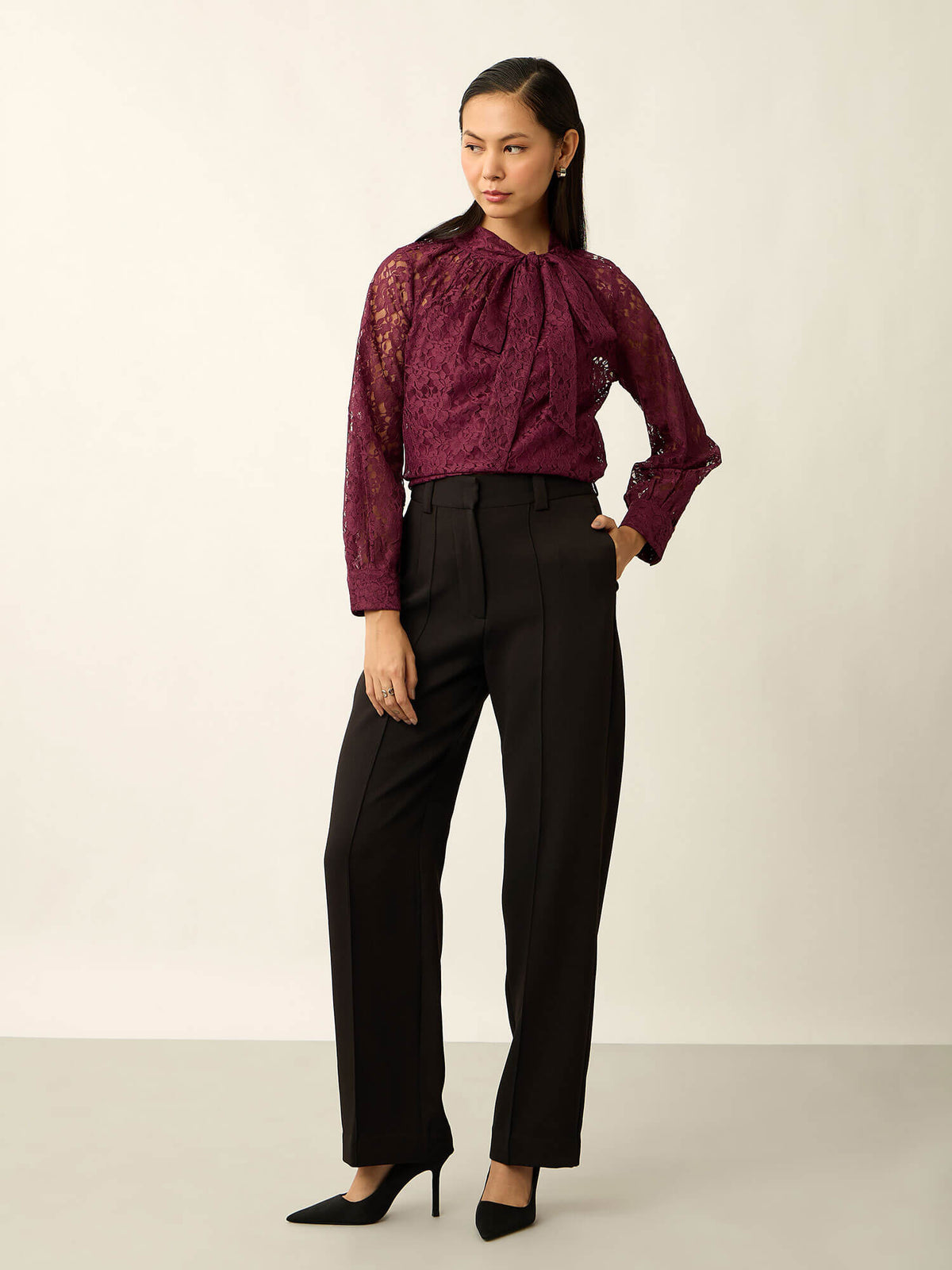 Evania Tie-Up Lace Top-Wine