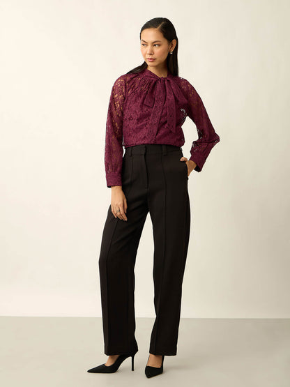 Evania Tie-Up Lace Top-Wine