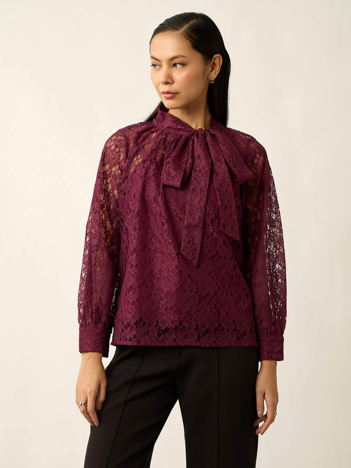 Evania Tie-Up Lace Top-Wine